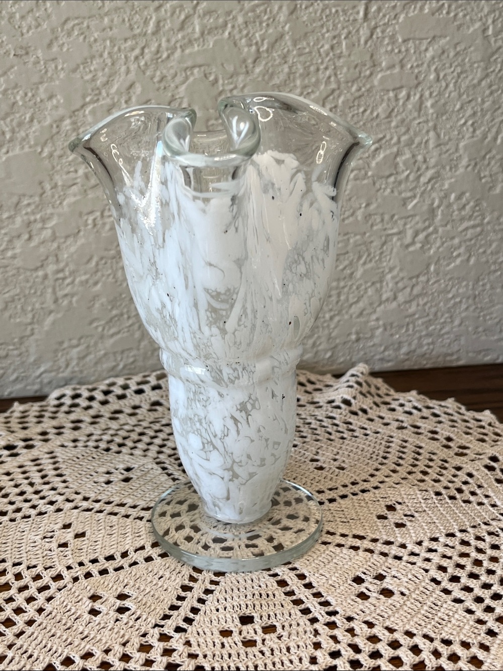 Vintage Hand Blown Art Glass Vase White Black Spatter Ruffled Rim Clear Foot